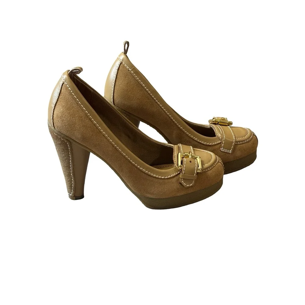 Y2K Betseyville Betsey Johnson Tan Leather Suede Platform Buckle Pumps Size 9